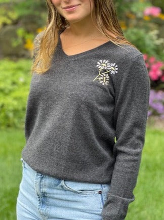 DTD Dark Grey  Cashmere V Neck Sweater with hand embroidered Daisies