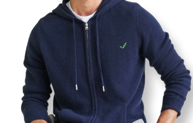 DTD Men's Navy Cashmere Hoodie Zip Sweater with Lime Done Check