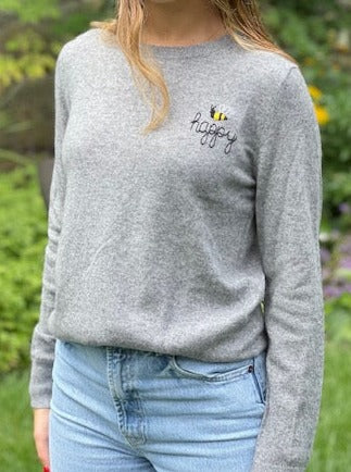 DTD Heather Grey Cashmere Long Sleeve Sweater with hand embroidered Bee Happy