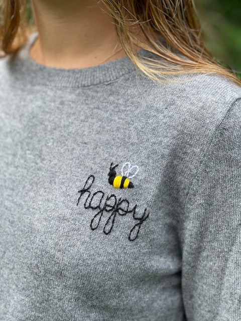 DTD Heather Grey Cashmere Long Sleeve Sweater with hand embroidered Bee Happy