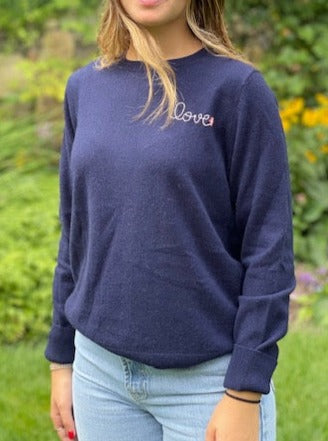 DTD Navy Cashmere Long Sleeve Sweater with hand embroidered LOVE & Flower
